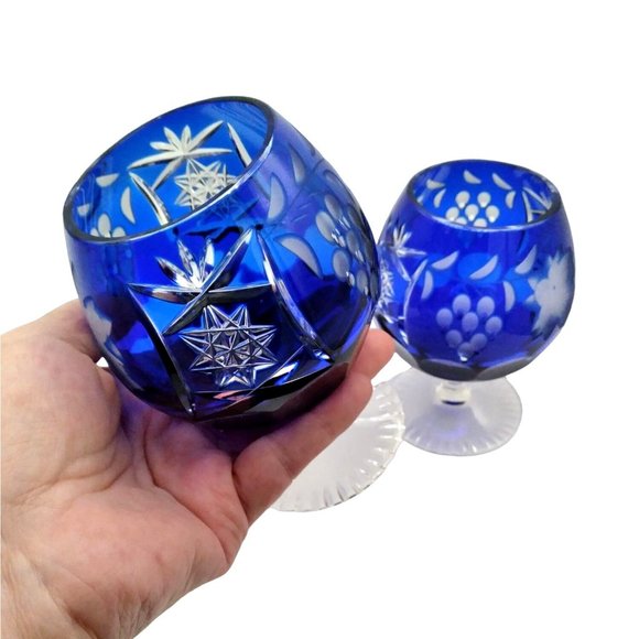 Ajka Marsala Cobalt Blue Cased Cut To Clear Crystal Brandy Snifters 2pc Set - Picture 1 of 5